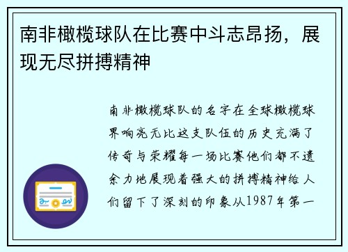 南非橄榄球队在比赛中斗志昂扬，展现无尽拼搏精神