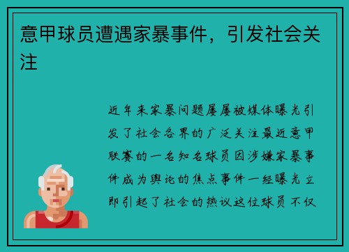 意甲球员遭遇家暴事件，引发社会关注